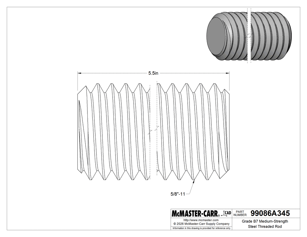Technical Drawing of Grade B7 Medium-Strength Steel Threaded Rod, Zinc Yellow-Chromate Plated, 5/8"-11 Thread Size, 5-1/2" Long.